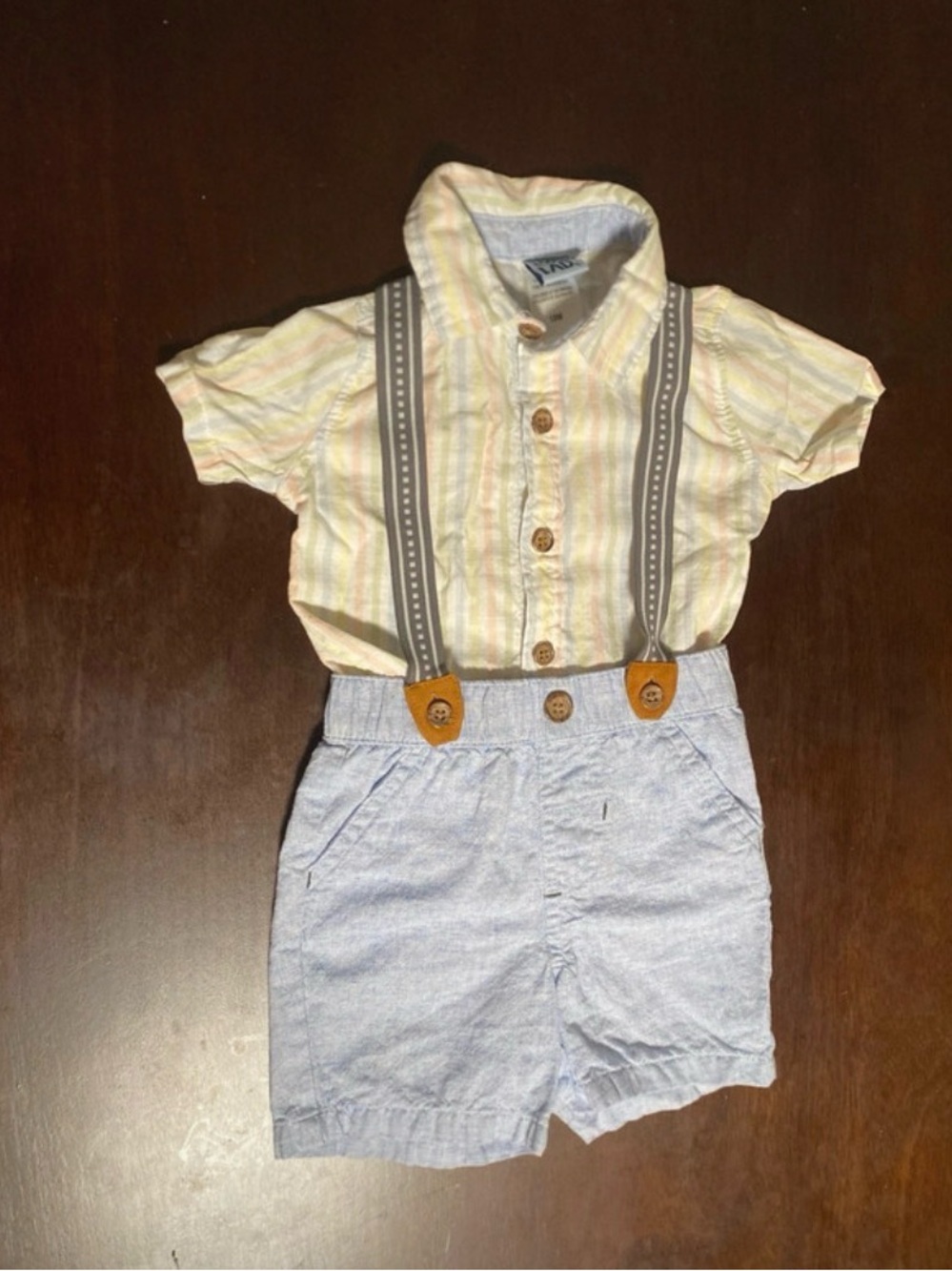 Baby Boys Light Yellow Stripe Button-Down Shirt with Gray Suspenders 18 months